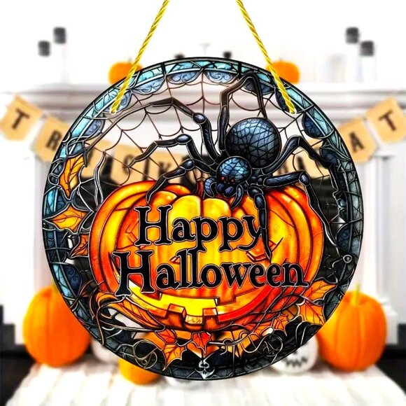 Spider Web Suncatcher Halloween Pumpkin Scary Spooky Horror Hanging Decoration - Picture 2 of 4